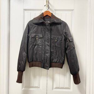 Vintage Knit Accent Bomber Jacket Brown - S
